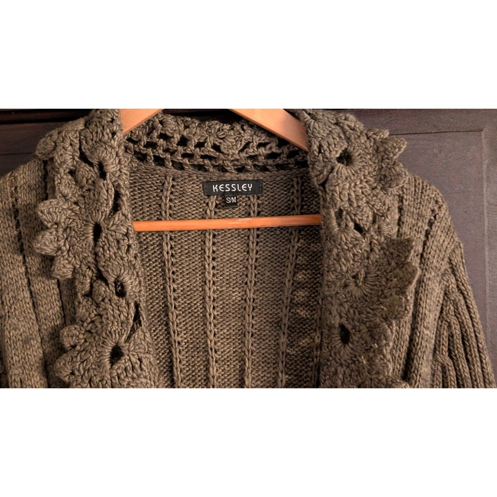 KESSLEY Brown Ribbed Knit Crochet Lace Trim Belted Cardigan Sweater S/M boho - Picture 3 of 9